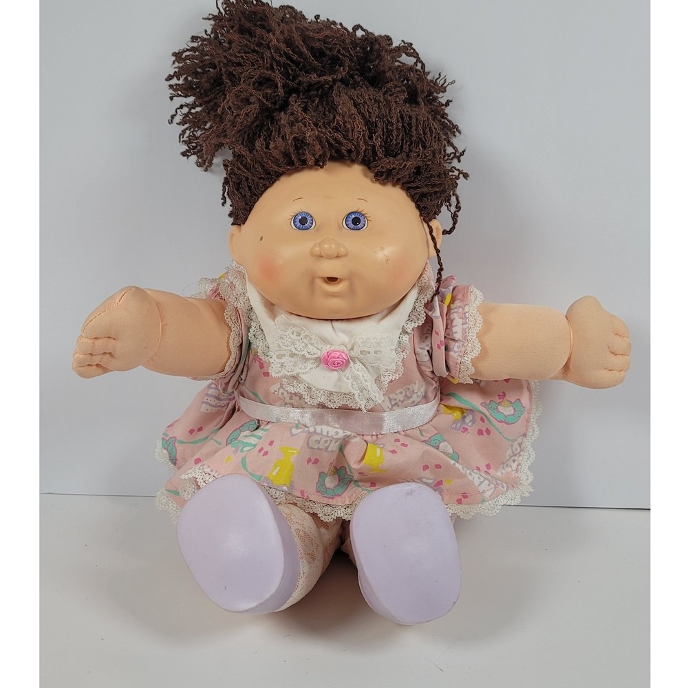 Vintage Cabbage Patch Kids Doll Brunette Yarn Hair Pink Birthday Dress 16 inch